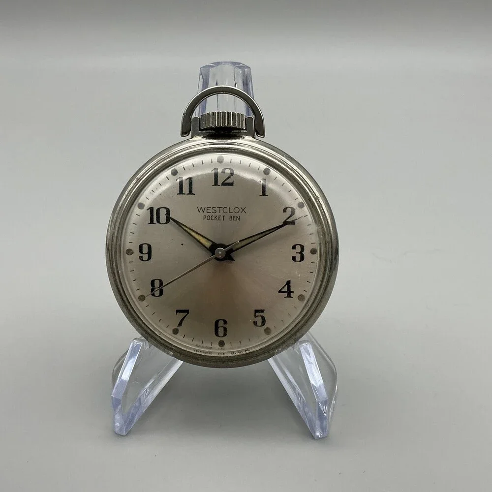 Vintage Westclox Pocket Ben Pocket Watch Men 50mm Silver Tone Manual Wind